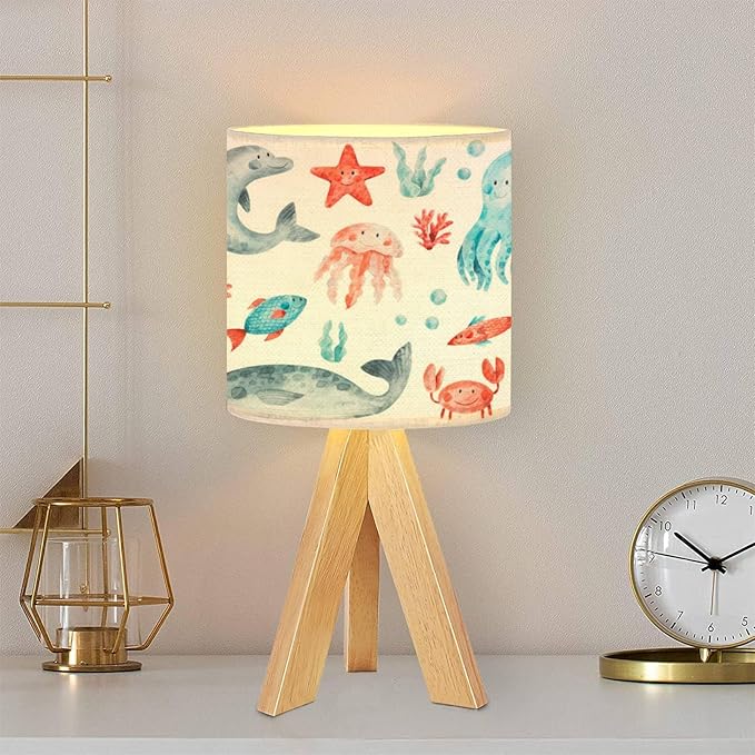 Tripod Table Lamp Ocean Animals Fish Modern Bedside Dimmable Desk lamp Wooden Base Fabric Lampshade for Kids Room, Nursery, Bedroom, Living Room