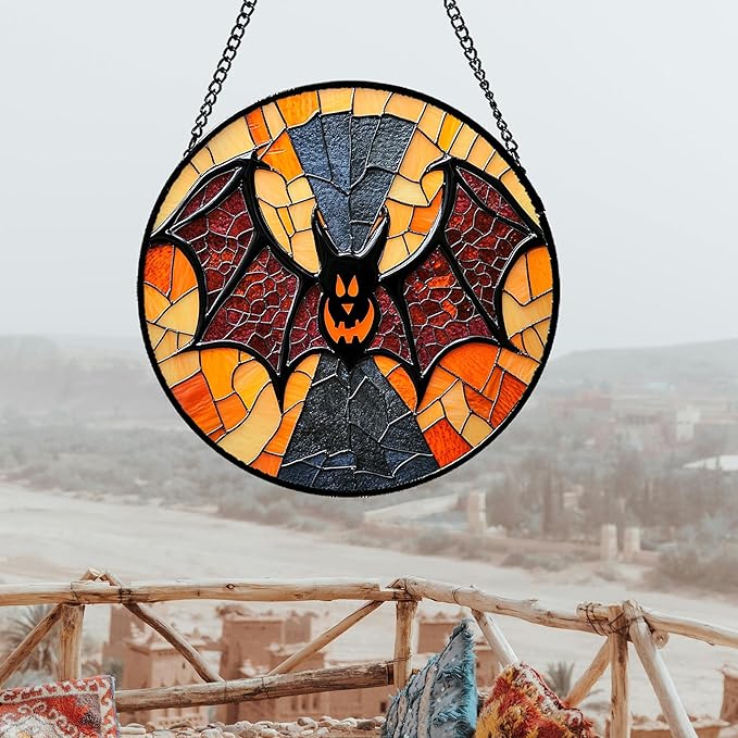 Stained Glass Window Hanging Halloween Horror Bat Monster 7.8" - Suncatcher Door Garden Kitchen Sun Catcher Home Gothic Decor Birthday for Mom Men Woman Friend Grandma