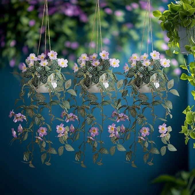 2PCS Artificial Hanging Plant with Pot Faux Hanging Plants Small Hanging Plants Pot with Artificial Vines and Flower Greenery Decoration for Living Room Wall Home Wall Shelf (Purple)