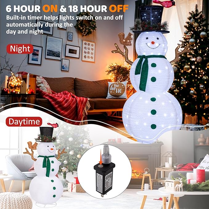 6FT Lighted Snowman Outdoor Christmas Decorations with Reinforced Base, Pop-Up Christmas Décor with Build-in 200 LED Lights, Collapsible Snowman with Top-Hat Scarf, Decoration for Lawn Yard