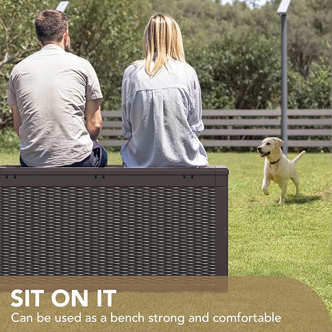 Devoko 100 Gallon Waterproof Large Resin Deck Box Indoor Outdoor Lockable Storage Container for Patio Furniture Cushions Garden Tools (100 Gallon, Dark Brown)