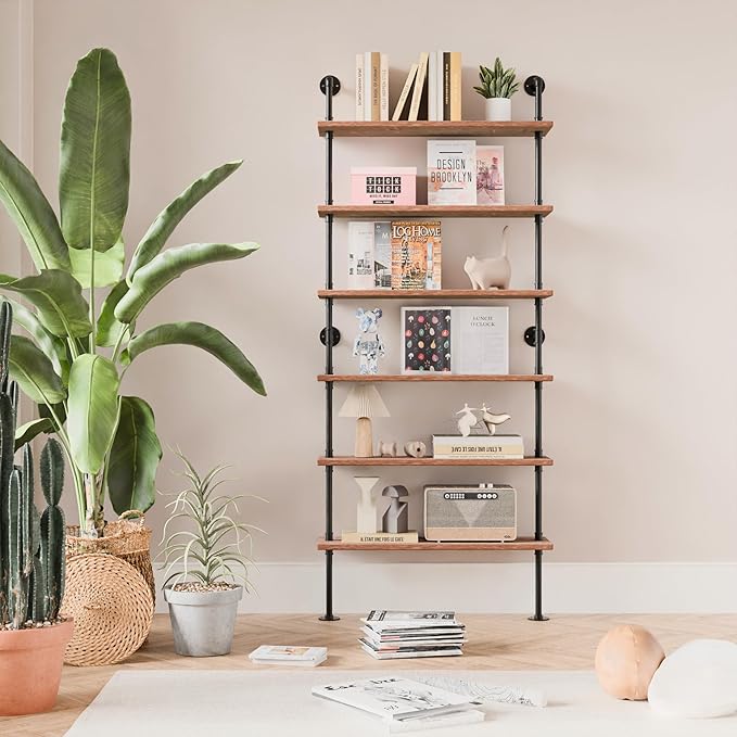 6 Tier Industrial Ladder Pipe Shelf Bookcase, Rustic Wall Mounted Pipe Bookshelves for Decor and Storage