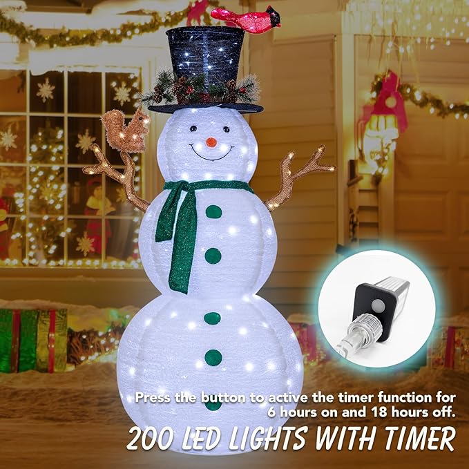 NALONE 6 FT Christmas Lighted Snowman with 200 LED Lights & Timer, Collapsible Snowman Christmas Decorations Outdoor Yard Home, Fluffy Snowman with Bird & Squirrel(6FT)