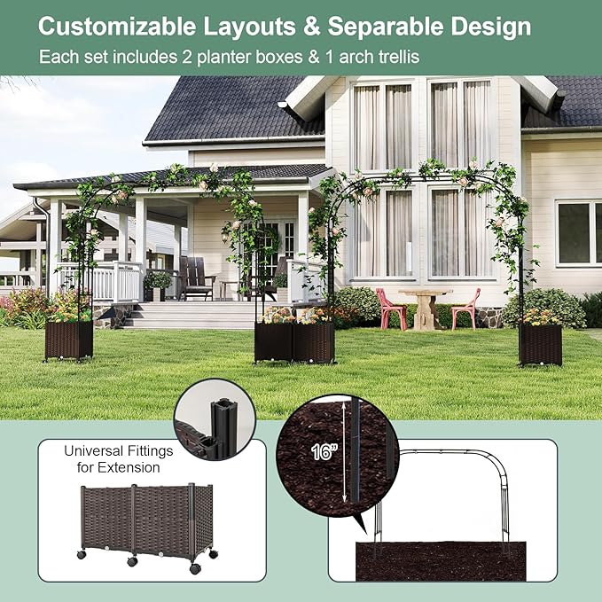 Giantex 6.6 FT Garden Arch with Trellis & 2 Planter Boxes, Tall Arbor for Climbing Vine, Flowers, Decorative Gate for Wedding Ceremony Party (Brown+Black)