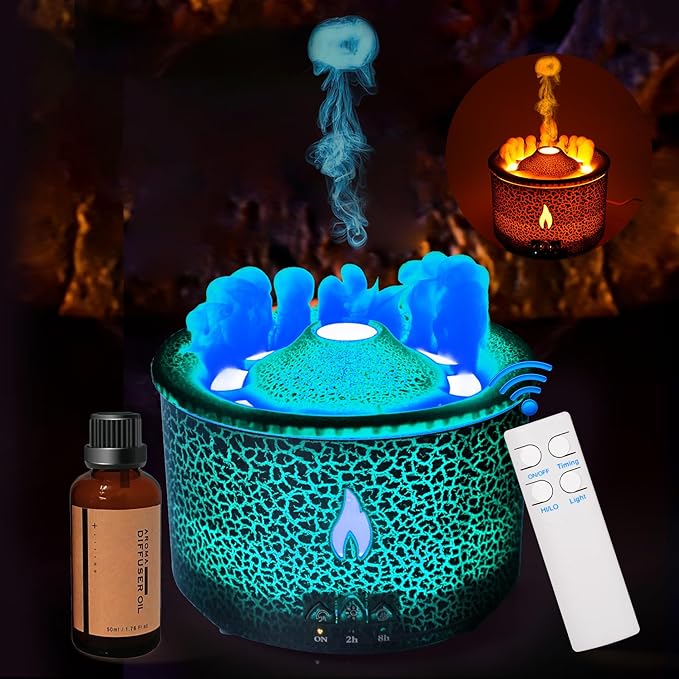 BOHOFAM Aroma Essential Oil Diffuser 360 ML,Volcano and Flame Diffuser/Humidifier,give1.76 oz Hotel Collection Essential Oils,Blue/red Light Selection,Diffusers for Home,Large Room(Black Cracks)