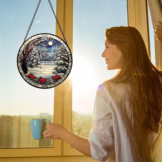 Stained Glass Window Hanging Christmas Tree Winter Snow Night Scenery 9.8" - Suncatcher Door Garden Kitchen Sun Catcher Home Decor Birthday for Mom Men Woman Friend