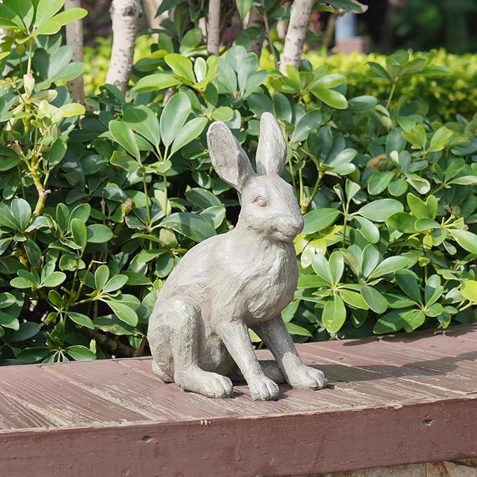 DiliComing Grey Resin Rabbit Garden Statue - 12 Inch Large Garden Statues for Home Yard Decor Garden Statues for Outside Balcony Bunny Decor for Garden Gifts