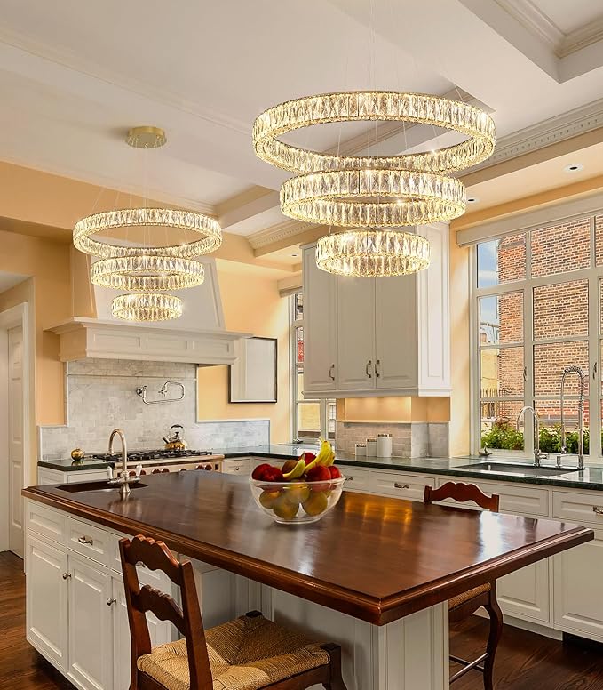 HAIXIANG Modern Glam Chandelier Crystal LED Remote Rings Chandelier Adjustable Hanging Ceilings Pendant Lights Fixture Gold 8"+16"+24" Rings Lighting