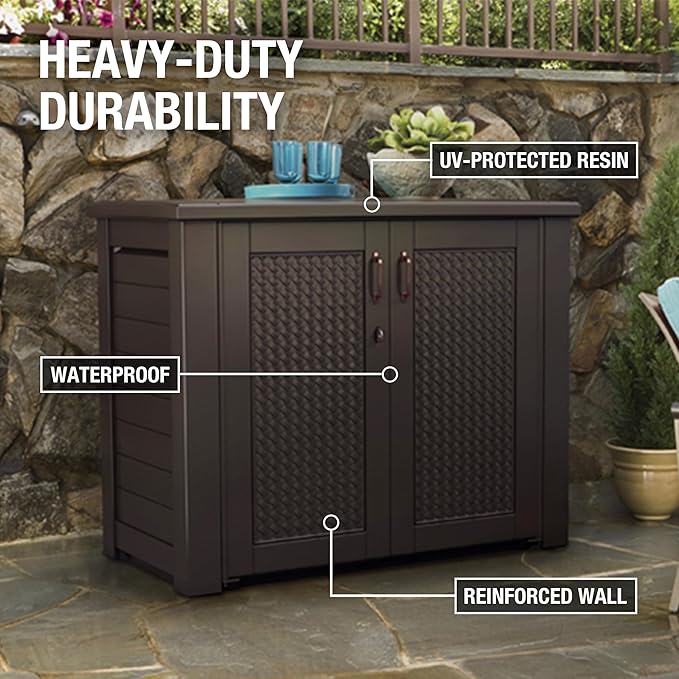 Rubbermaid Decorative Outdoor Storage Cabinet (123 Gal), Weather Resistant, Brown, Organization for Home/Backyard/Pool Chemicals/Toys/Garden Tools/Porch/Patio Cushions