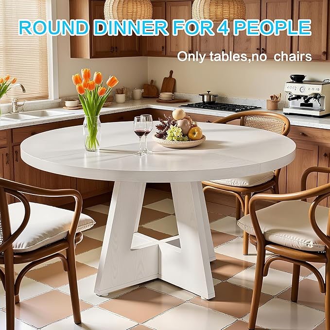 47" Round Dining Table for 4-6, Modern Small Dinner Table Farmhouse Round Kitchen Tables with Wooden Cross Base for Dining Room, Kitchen, Living Room, White