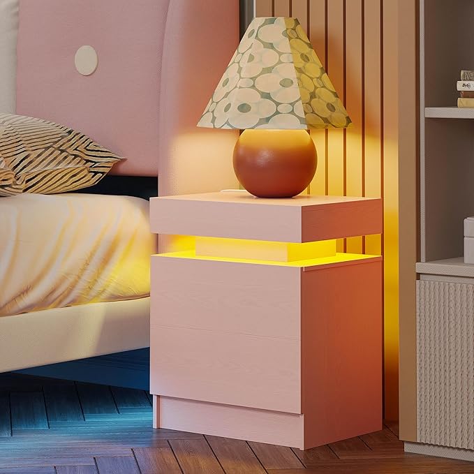 LIKIMIO Night Stand with Charging Station, Modern Pink Nightstand with LED Light and Drawers, Bedside Tables/End Table for Bedroom