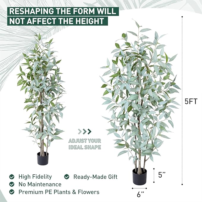 5FT Artificial Ficus Tree,Large Fake Plants with Pot,Faux Floor Plant with White Leave Fake,Artificial Plants Indoor for Home Office Decor