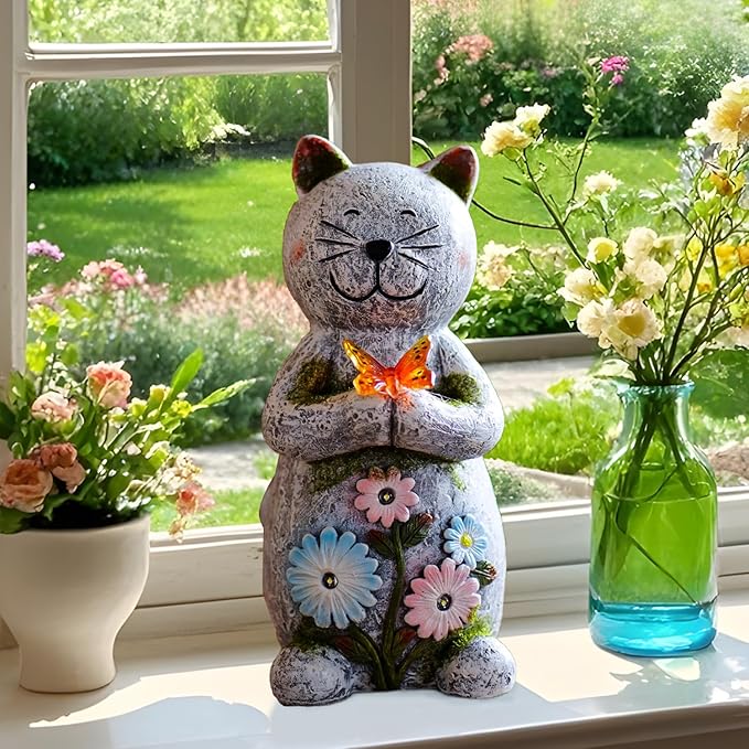 Solar Garden Statue Cat Figurine – Outdoor Decoration with Butterfly for Garden Yard Lawn Home Decor Outside : Unique Gifts for Mom Grandma