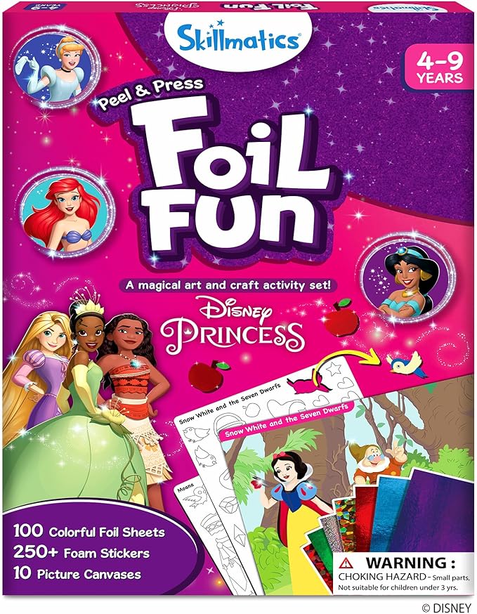 Skillmatics Foil Fun - Disney Princess, Mess-Free Art & Craft Kits for Kids, DIY Creative Travel Toys, Perfect Christmas Gifts for Fans of Moana, Cinderella, Ariel, Jasmine, Ages 4, 5, 6, 7, 8, 9