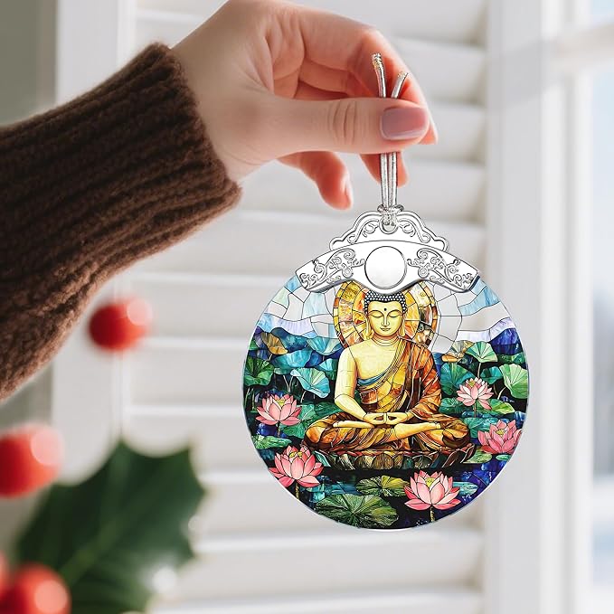 Stained Glass Ornament, Buddha Christmas Ornaments, Christmas Tree Ornaments, Holiday Ornament; Spiritual Decor for Yoga, Wellness Spaces & Relaxation; Gifts for Buddhists & Spiritual Gifts