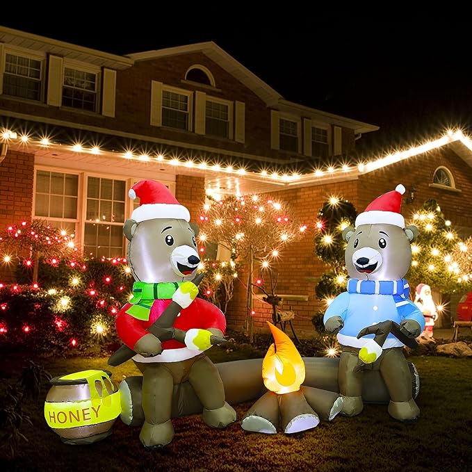 Joliyoou 7FT Christmas Inflatable Decorations, Light Up Sitting Bears Roasting Marshmallows Over Campfire, Xmas Lighted Blowups for Winter Yard Lawn Garden Indoor Outdoor Decor