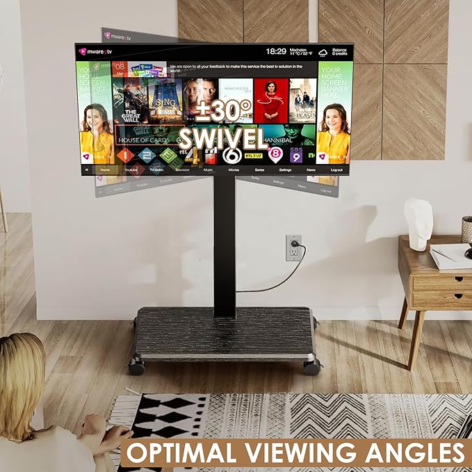 Rolling TV Stand with Power Outlet, Swivel Mobile Portable TV Cart for 32-75 Inch TVs up to 110 lbs, Landscape to Portrait, Height Adjustable Outdoor TV Stand with Wheels, Max VESA 600x400mm