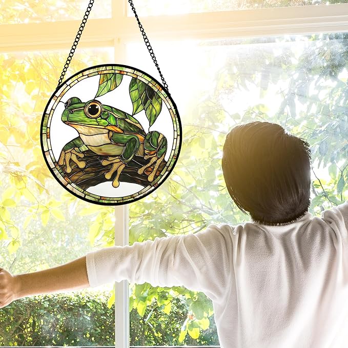 Stained Glass Window Hanging, Frog Green Leaf Sun Catchers Colorful Glass Panel Cool Suncatcher Decor for Birthday for Women, Men, Wife, Aunt, and Mom 9.8 in