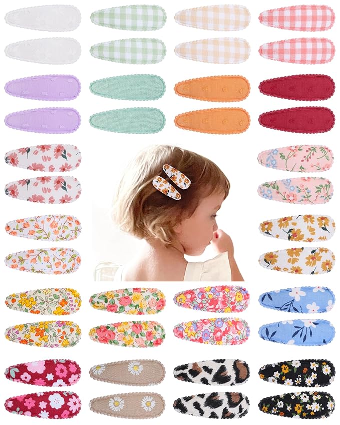 doboi 40 Pcs Floral Print Snap Hairpins, Hair Bows Clips, and Barrettes for Girls - Non-Slip Wrapped Flower Clips Hair Accessories