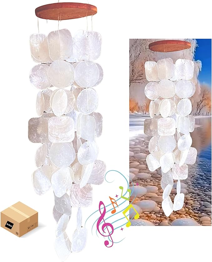 Bellaa 22913 Wind Chimes Outdoor, Garden Decorations, Musical, Indoor/Outside Windchimes, Beach, Ocean Breeze, Gifts for Mom, Gift for All Occasions, Capiz Sea Glass Shells Wood White 27 inch