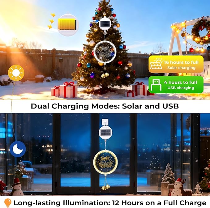 Solar Hanging Lights - Outdoor Indoor Christmas Decorations for Window, Garden, Patio, Porch,Holiday Home Decor, (Jingle Bell)