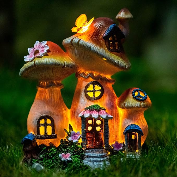 Solar Garden Statue Lights Mushroom Fairy House Figurine, Outdoor Memorial Garden Ornaments Waterproof Decoration for Outside Patio Yard Lawn Decor