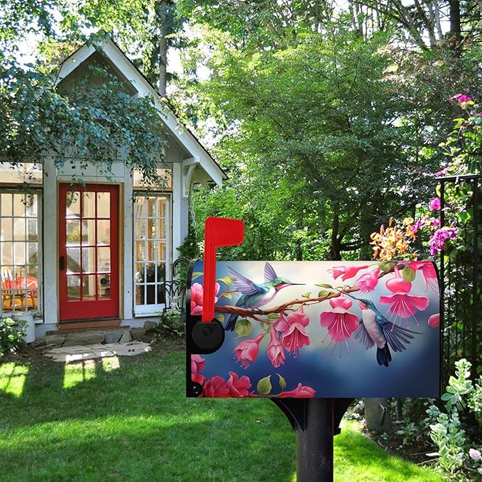 Summer Mailbox Covers Magnetic Oversized Hummingbird Flower Mailbox Post Cover Fuchsia Hybrida Floral Mailbox Wraps Bird Pink Flowers Mailbox Decor Waterproof Garden Large Size 25.5 X 21 Inch