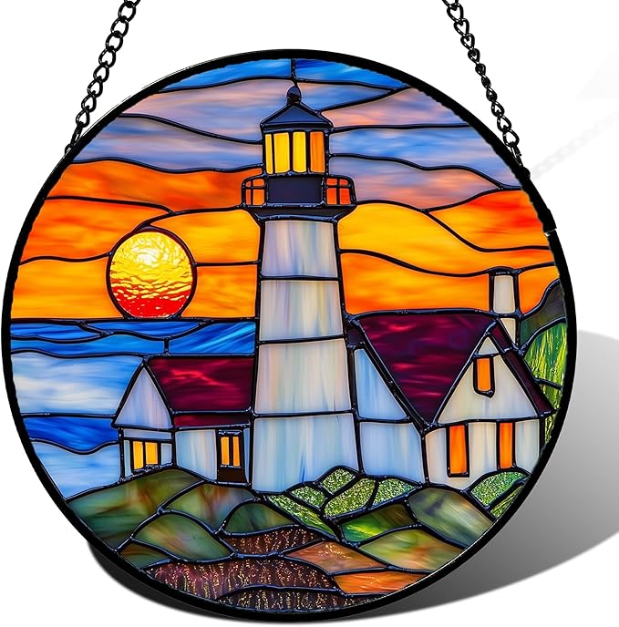 Stained Glass Window Hanging - Sea Lighthouse Suncatcher for Door Terrace Garden Home Decor Sunset Beach Scenery Sun Catcher Birthday Gifts for Lovers Women Men Dad Mom Nana 6.3 in