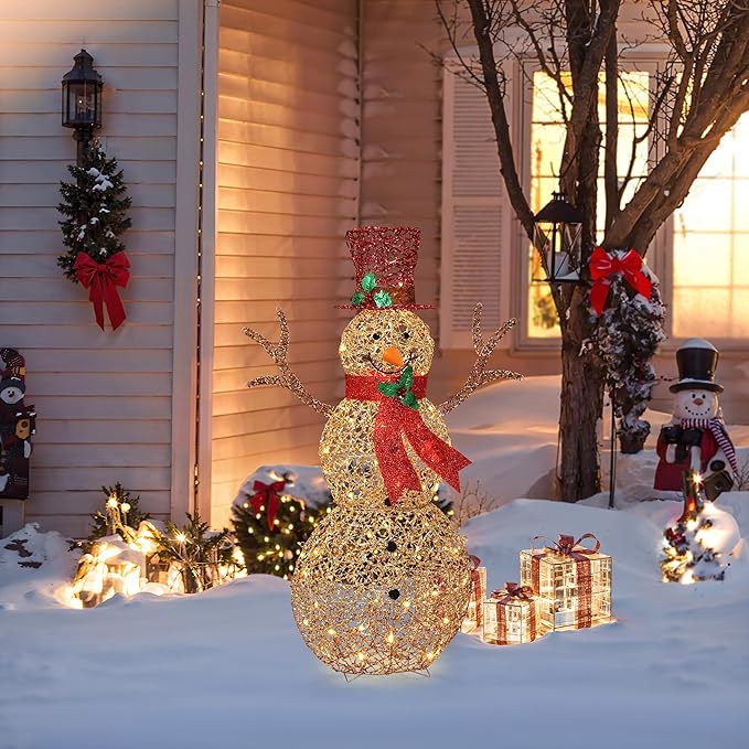 LuxenHome 4FT Lighted Snowman Outdoor Christmas Decorations, Gold Light Up Snowman Christmas Decor with 70 LED Light, Red Scarf & Hat, Xmas Decorations Outdoor, Indoor for Porch, Lawn Holiday Display