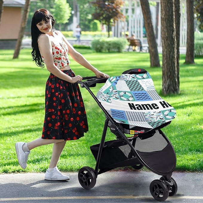 Personalized Cute Shark Plaid Baby Car Seat Cover for Babies with Name, Custom Baby Car Seats Canopy for Boys, Nursing Breastfeeding Stroller Covers Infant Car Seat Blanket for Newborn
