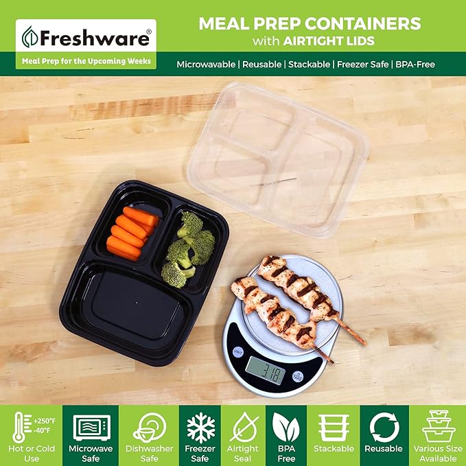 Freshware Meal Prep Containers 21 Count, 3 Compartment