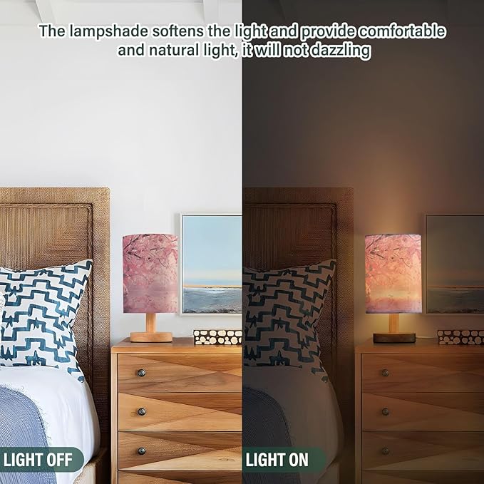 Bedside Table Lamp Cherry Blossom Pink Floral Flower Nightstand Lamp with Wood Desk Lamps for Bedroom Living Room Nursery Office Home Decor