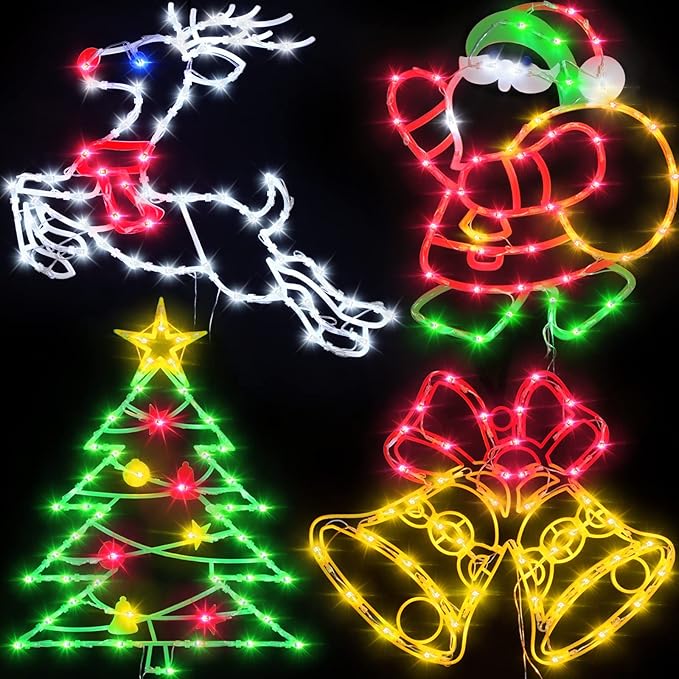 Christmas Decorations - 16" Christmas Window Silhouette Lights - 4 Pack Colour Lighted Santa & Reindeer & Christmas Tree & Bell for Holiday Indoor and Outdoor Wall Door Window Decorate