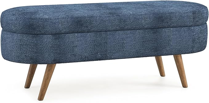 Oval Storage Bench 43.5" Linen Fabric Upholstered Entryway Bench with Solid Wood Legs Ottoman Bench Indoor Bench for Living Room/Bedroom/End of Bed/Entryway (Blue)