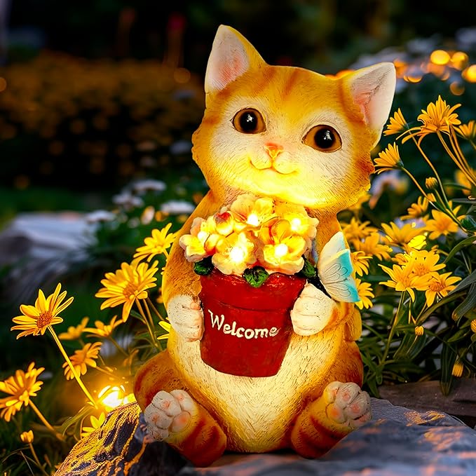 GIGALUMI Solar Garden Decor Flower Pot Cat Statues Outdoor, Birthday Gifts for Women Mom Grandma Senior Elder, Cat Ornament for Balcony, Garden, Patio, Yard, Lawn