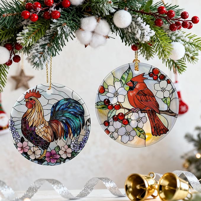 Colorful Rooster Ornament | Farmhouse Christmas Ornaments, Hanging Ornaments for Tree, Christmas Decorations, Holiday Decor Gift | Gifts for Chicken Lover, Farmer | Chicken Themed Gifts, Gift Exchange