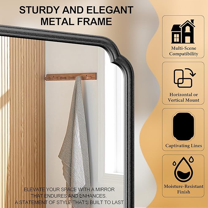 26"x40" Rustproof Bathroom Mirror Black, Round Corner Metal Frame Wall Mirror, Horizontal/Vertical Hanging Over Sink, Bedroom Bathroom Decor