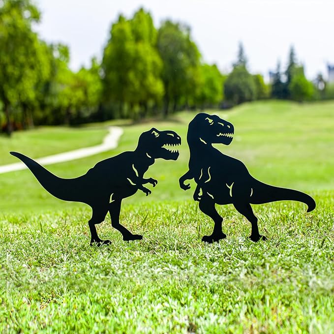 Dinosaur Metal Garden Stakes - Gifts for Women/Men/Lovers, Black Silhouette Statues, Outdoor Decor for Yard, Lawn Ornaments