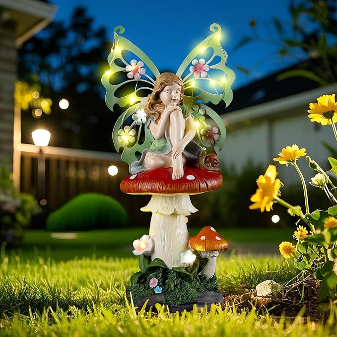 Solar Fairy Garden Decor Flower Fairies Mushroom Figurines with Snail Decor Gifts for Women Mom Miniature Fairy Figurine for Lawn Garden Patio Yard Decorations Outdoor Statue