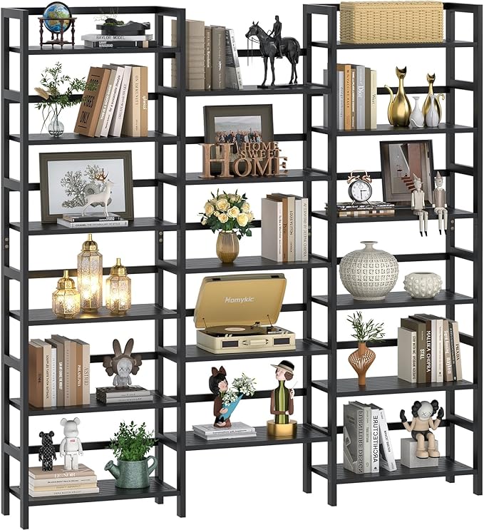 Homykic Bamboo Triple Wide Shallow Bookshelves and Bookcases, 6-Tier 6ft Tall Bookshelf with 17 Open Display Shelves, Super Large Freestanding Book Shelf for Home Office, Bedroom, Living Room, Black