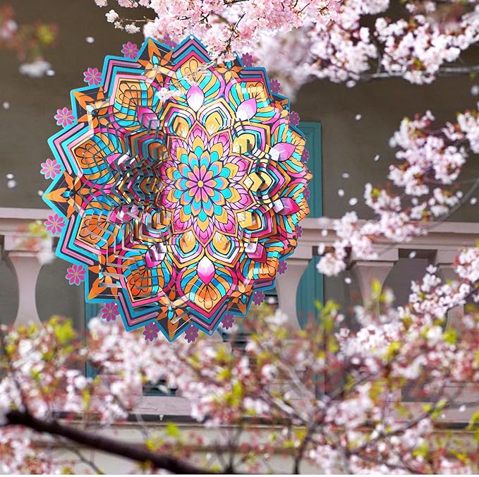 Goolyrusim Metal Wind Spinner - Mandala Lotus Wind Spinners, 12inch Kinetic 3D Hanging Wind Sculptures, Indoor/Outdoor Garden & Yard Art Decoration, Creative Gifts for Women Mom Grandma & Holidays