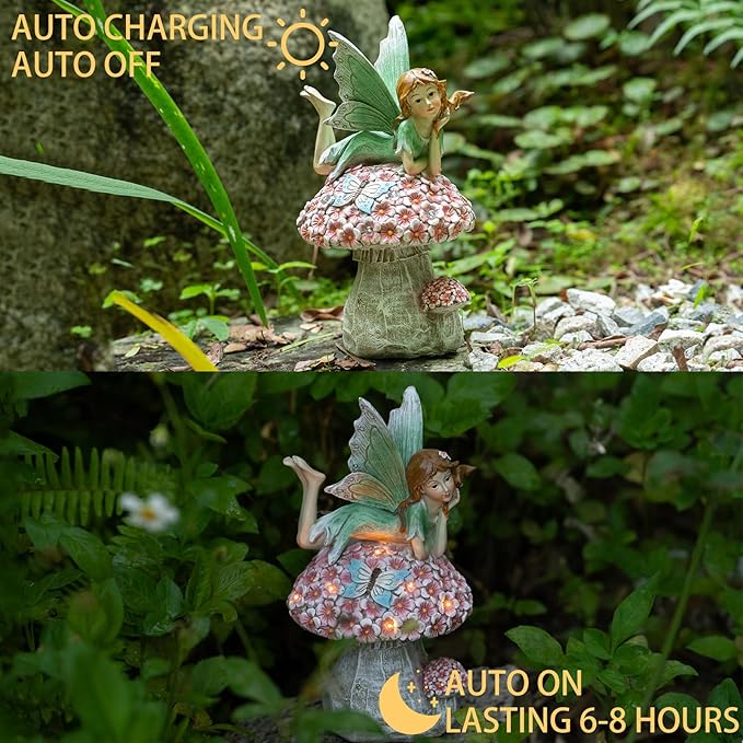 Fairies for Fairy Garden - Fairy Outdoor Statue Solar Powered Resin Ornaments,Patio Lawn Yard Porch,Fairy Figurines for Home Garden Gifts,8.66 inches Tall
