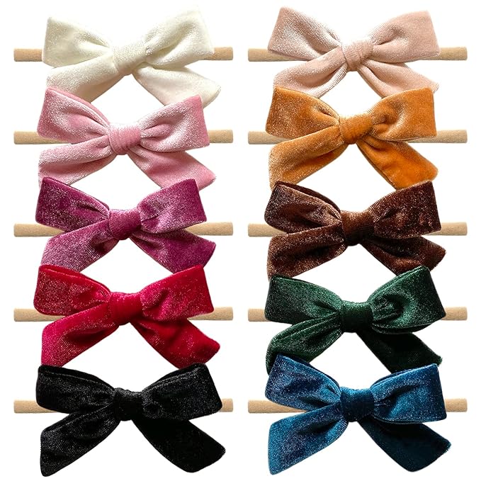 Cherssy Velvet Baby Bow Headbands, 10pcs Handmade Nylon Hairbands Red Green Hair Accessories for Newborn, Infant, Toddler, Baby Girls
