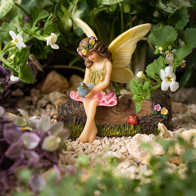 PRETMANNS Fairy Garden Fairies – Cute Accessories for Indoor or Outdoor Miniature Garden - Figurine Vicky on a Decorated Log – 2 Items