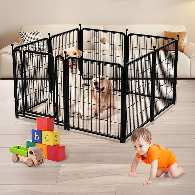 Dog Playpen 32 inch(H) 4 Panels Dog Fence Outdoor for Yard. Metal Dog Pen Heavy Duty Pet Puppy Exercise Pen for Rv Camping Garden Yard, Wide Door Low Threshold Dog Fence Total 8.9 Ft(L)