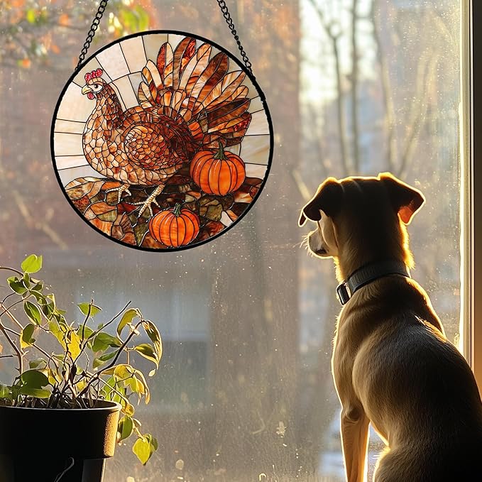Stained Glass Window Hanging 4 Pcs Set Brown Turkey Berry Corn 9.8" - Suncatcher Door Garden Sun Catcher Decor Birthday Thanksgiving Mother's Day for Mom Woman Nana Men