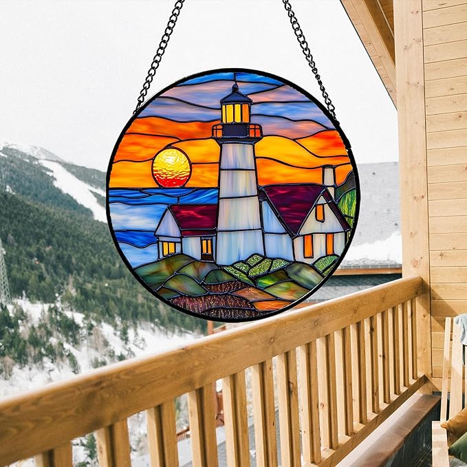 Stained Glass Window Hanging - Sea Lighthouse Suncatcher for Door Terrace Garden Home Decor Sunset Beach Scenery Sun Catcher Birthday Gifts for Lovers Women Men Dad Mom Nana 6.3 in