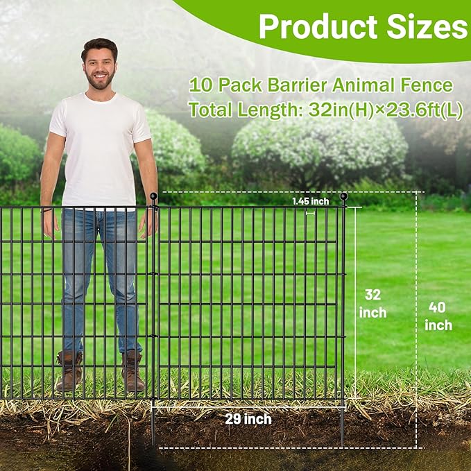 10 Panels No Dig Decorative Outdoor Garden Fence with Gate for Yard, 32 in(H) X 23.6 ft(L) Animal Barrier Fencing Rustproof Metal Wire Panel Border for Dog, Rabbits, and Patio Temporary Ground Stakes