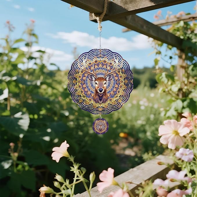 Wind Spinners Outdoor, Purple Brown Elk Deer 3D Stainless Steel Wind Sculpture Spinner for Garden Outside Hanging Decor Mother's Day Christmas Birthday Gifts for Women Men Mom Nana 7.8 in