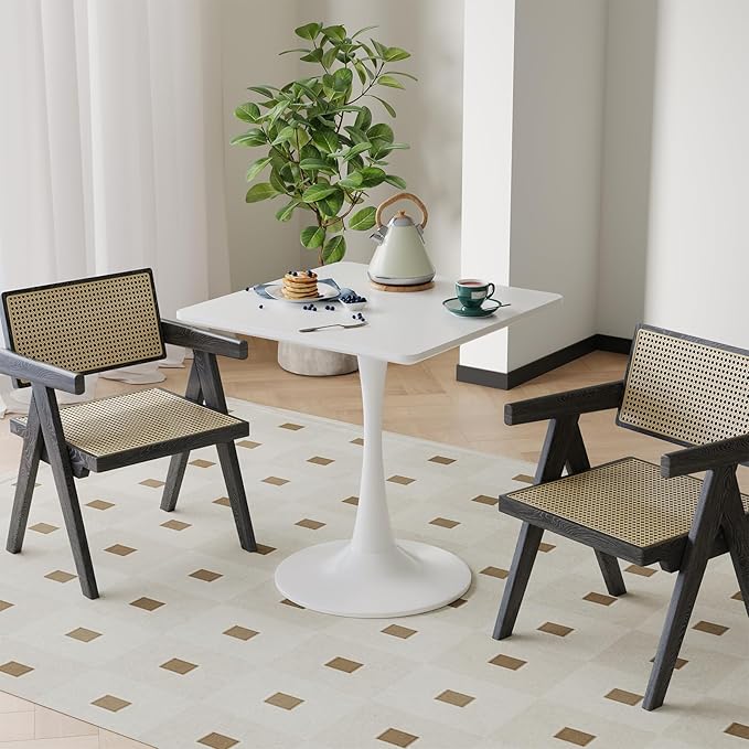 White Square Tulip Table for 2 Person, 24 Inch Small Dining Table with Pedestal Base for Two, Mid Century Modern Tulip Tables for Kitchen, Living Room, Cafe, Coffee, Office, Bistro, Pub, Bar, Wood Top